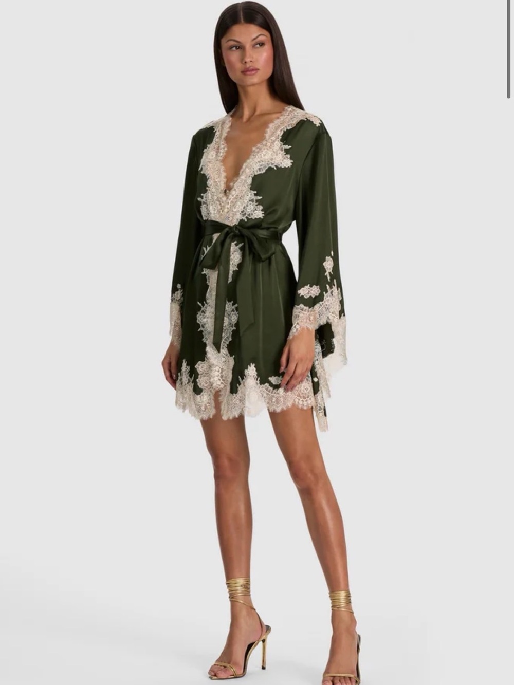 Alice + Olivia Olive Green Satin Lace-Trim Wrap Dress